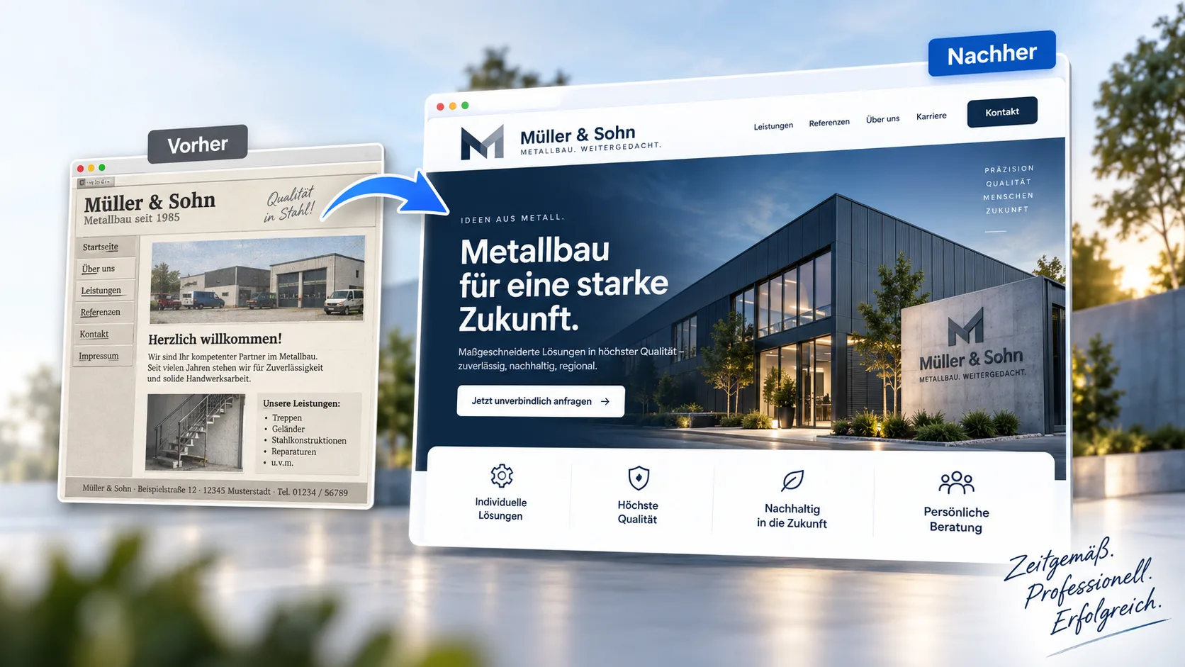 Vorher-Nachher-Vergleich einer stark veralteten und einer modernen Unternehmenswebseite